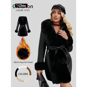 Women’s winter faux fur belted jacket, PU patch hooded jacket, autumn–winter elegant casual warm vest GARMENTARY