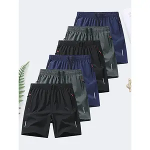 6-piece set: men’s zip-pocket shorts; summer ice-silk beach shorts; ice-feel quick-dry sports casual pants; lightweight basketball shorts; plus-size men’s clothing with reflective strip design; menswear; plain trousers; suitable for running and fitness. b