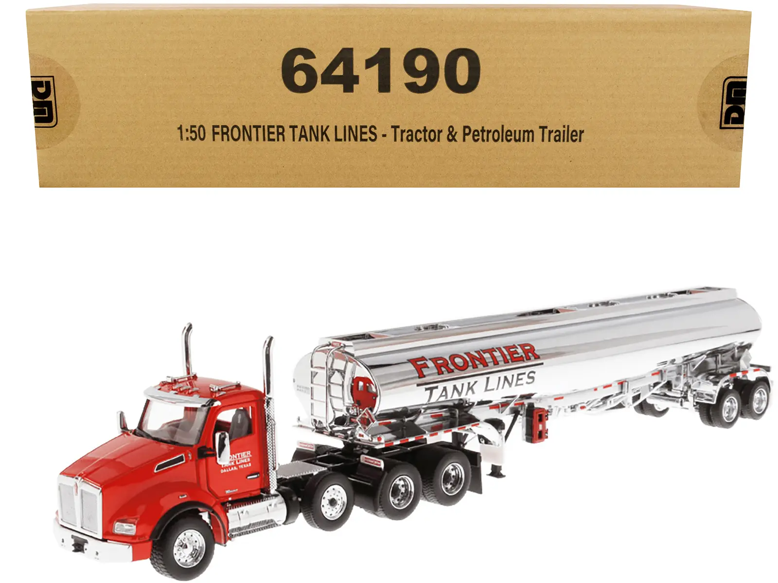 Kenworth T880 SBFA Tandem Day Cab Truck w/Pusher Axle & Tanker Trailer Red & Chrome Ltd Ed 1/50 Diecast Model by Diecast Masters