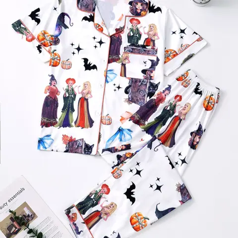 Women's Cartoon Print Pajama Set, Comfortable Short Sleeve Shirt Top & Elastic Waist Pants, Casual Nightwear for All Seasons Halloween, Home Sleepwear Loungewear