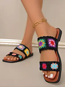 Women's Sunflower Embroidery Slip on Sandals, Lightweight Sandals, Boho Style Flat Sandals for Beach Vacation, Fashionable Shoes for Daily Wear, Daily Wear Footwear, Girl, Braided Strap Sandals