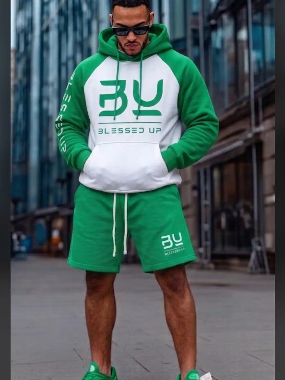Blessed Up Menswear Men's 100% Cotton green Sweat Shorts with white Print - Rubber Label, Extra-Long Drawstring Tropical Casual Bowling Clothes Loungewear Gamis Gamis