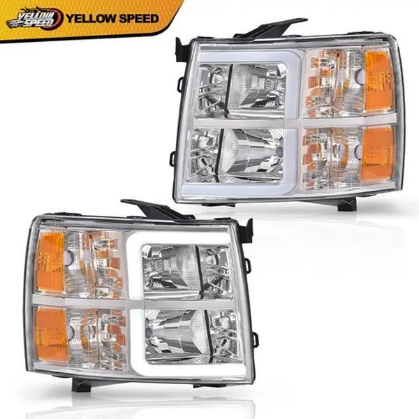 LED DRL Tube Beam Headlights with Chrome/Amber Finish, Bright Upgrade Car Headlights for 2007-2013 Chevy Silverado Truck Car Bulbs, Beam Headlight