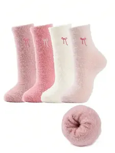 Women's Waterfall Knit Socks, Warm & Comfortable Design, Cute Bow Detail, Coral Fleece Pile, Ideal for Home Flooring Postpartum Sleep