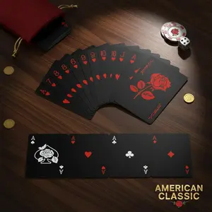 Waterproof Black Playing Cards with Unique Rose Backing PVC Poker for Party Game and Magic 2.5x3.5 inch 52 Cards & 2 Jokers
