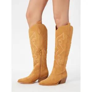 Cider POINTED-TOE EMBROIDERED SUEDE KNEE HIGH BOOTS