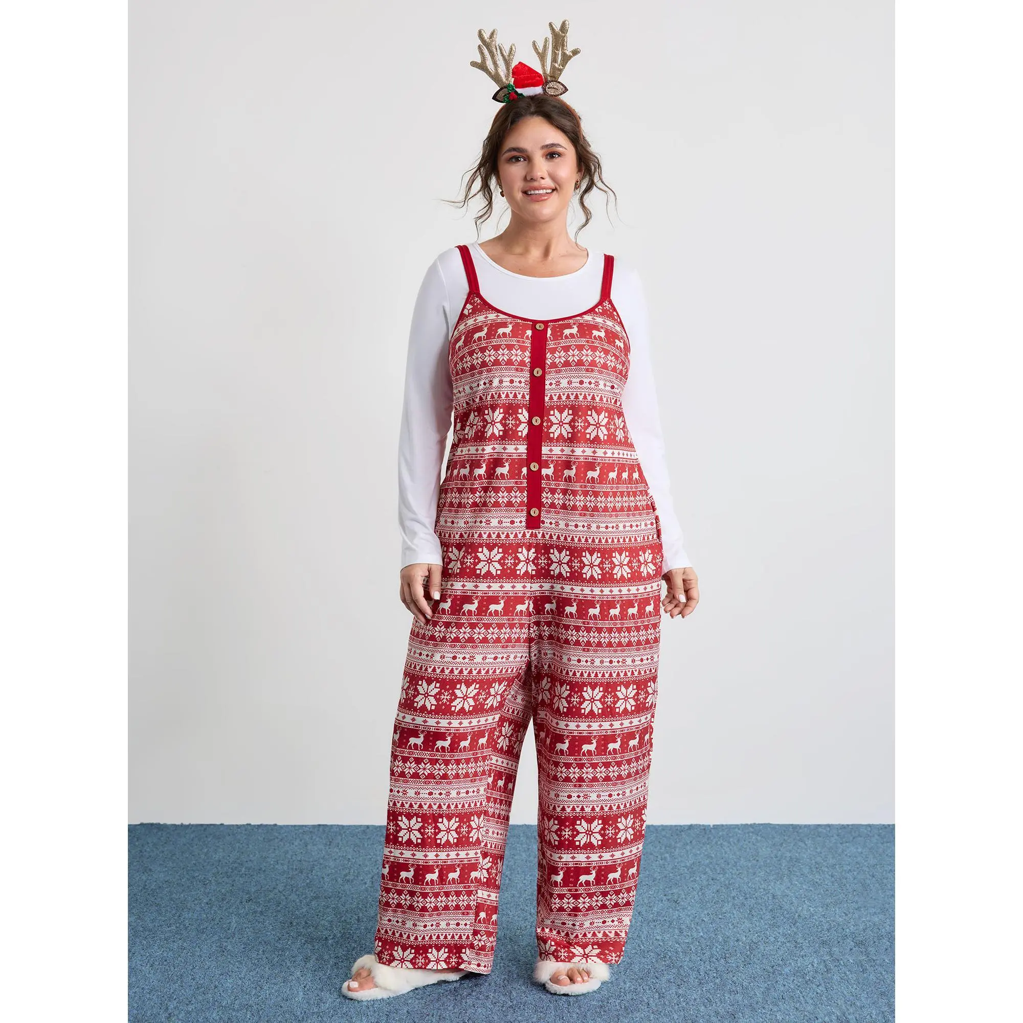 BloomChic Women's Plus Size Christmas Print Sleeveless Jumpsuit, Polyester Cotton Loungewear with Lapel Collar, Button Front, and Side Pockets, Lady, Low Iron, No Belt, Regular Fit, Holiday Loungewear, Classic Xmas, No Graphics, Moderate Flex, 14–16 / 1X,