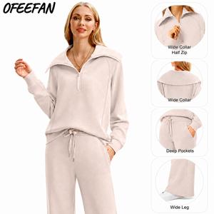 OFEEFAN Lounge Sets For Women 2025 Half Zip Sweatshirt And Wide Leg Sweatpant 2 Piece Outfits Sweatsuit Tracksuit Fashion Enthusiast  Casual Outing