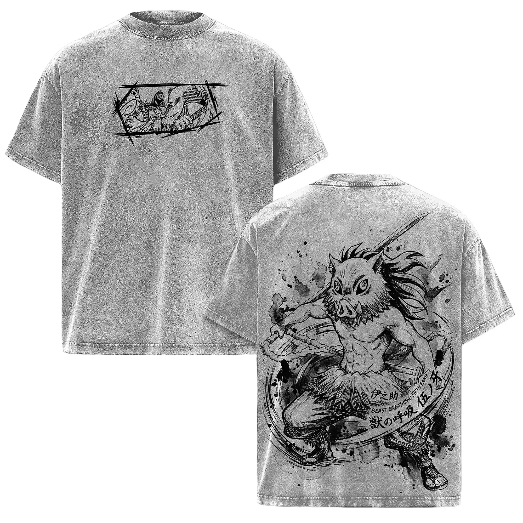 Men's Short-Sleeve Inosuke Hashibira Demon Slayer Washed Anime Manga Tee, Minimal Beast Breathing Graphic, Unisex Oversized Streetwear, Wild Mountain Fighter Aesthetic Shirt, Gift for Demon Slayer Fans