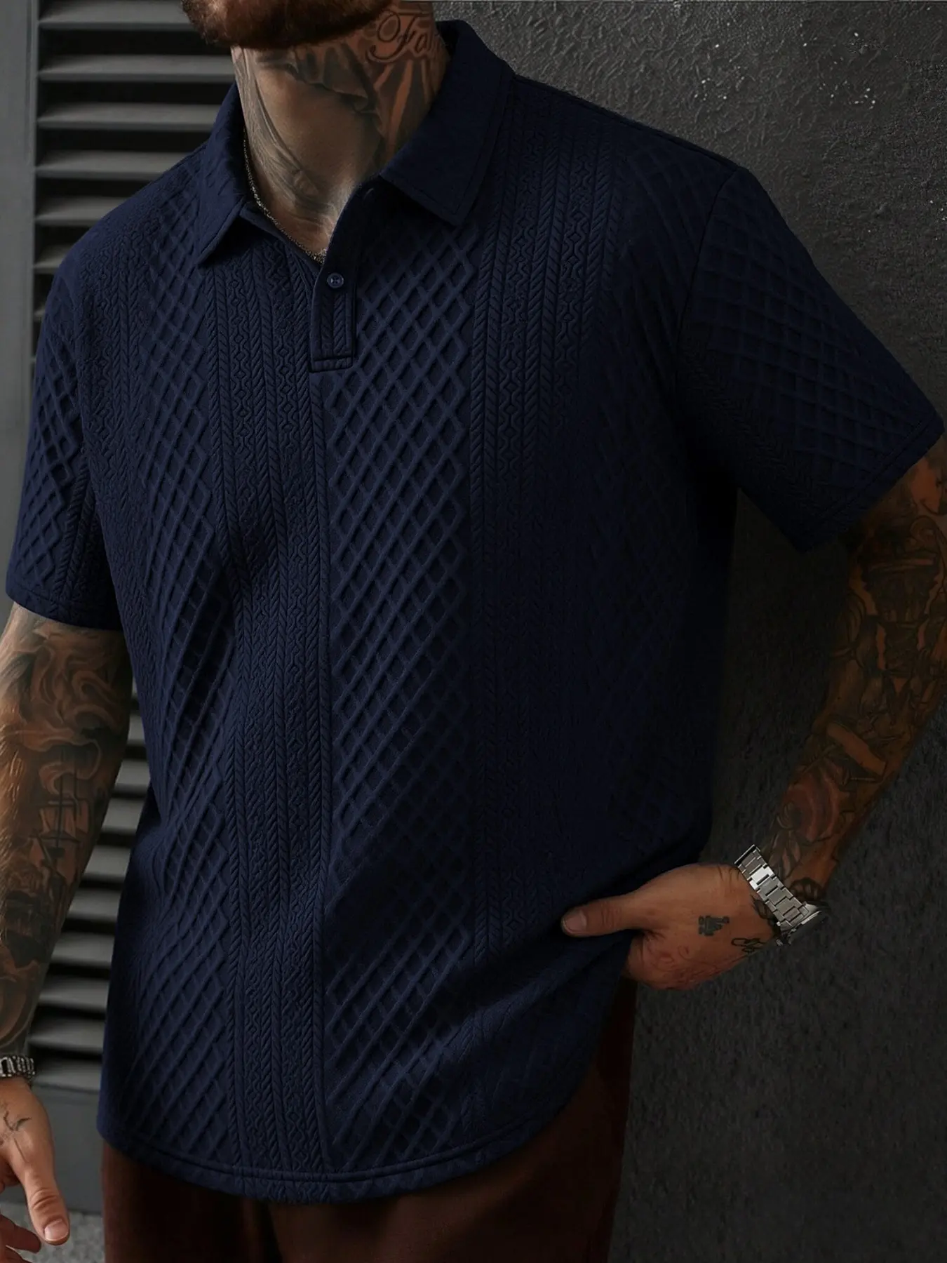 Men's Textured Diamond Pattern Polo Shirt, Buttoned Polo Shirt, Turn-Down Collar Short Sleeve Top, Casual Business & Daily Wear, Breathable Woven Fabric, Slim Fit Button Placket Golf Shirt for Men, Fashion Streetwear, Menswear