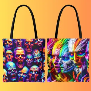 Halloween Horror Ghost Ghouls Candy Tote Bag (front) - Gothic Scary Faces from Nightmare Dreamscape (back) - Funny Vampires Zombie Gift for Kids - Black Handles Only
