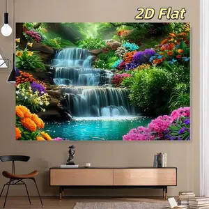 2D Flat 1pc Dreamy Garden Waterfall Backdrop Banner, Colorful Flowers Stream Butterfly Photography Background, Spring Party Garden Themed Event Photo Booth Decor, Party Decoration, Multiple Sizes Available