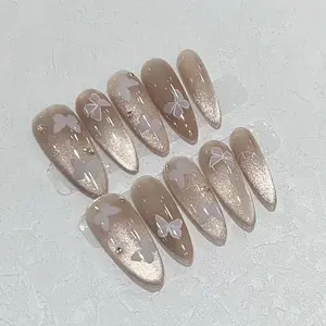 Almond Fake Nail with Nail File & Tape, 30pcs/set Rhinestone Decor Butterfly Pattern Cat's Eye Press on Nails for Women & Girls DIY Nail Art DIY Nail Kit