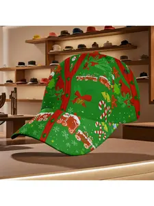 Holiday themed Christmas print baseball cap, unique green and red striped design with gingerbread man candy cane snowflake and holly details, comfortable soft durable unisex hat ideal for casual daily wear and festive occasions
