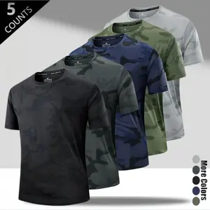 Men’s Camouflage Quick-Dry T-Shirt Pack of 5 American Sports Casual Style Ice Silk Breathable Sweat-Wicking Fabric Crew Neck Loose Fit for Gym Running Outdoor Activities Everyday Wear - Menswear, Top Activewear Tee Sporty Crew Neck summervibes