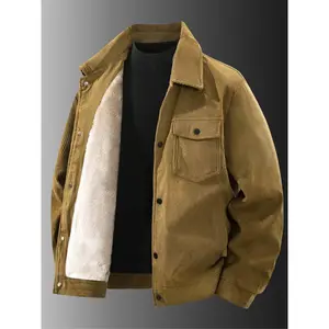 Men's Corduroy Fleece Lined Jacket Vintage Style Button Collar Coat Warm Classic Chest Pocket Design Fall & Winter Menswear