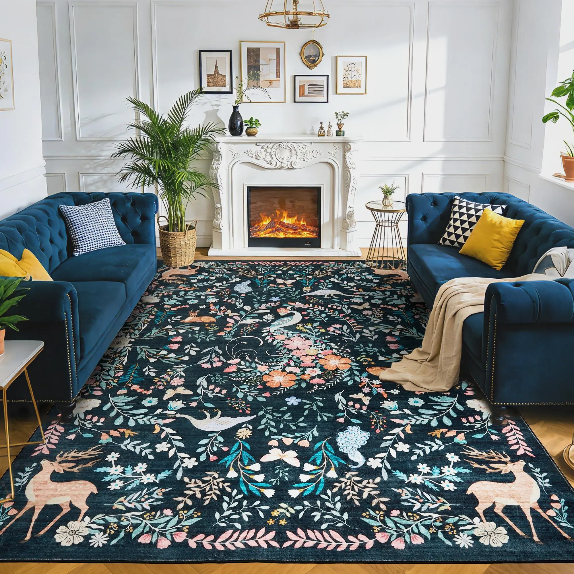 5x7 Washable Area Rug, Non-Slip Low Pile Stain Resistance Rug with Peacock and Deer, Animal Carpet for Living Room, Bedroom, Dining Room, Black