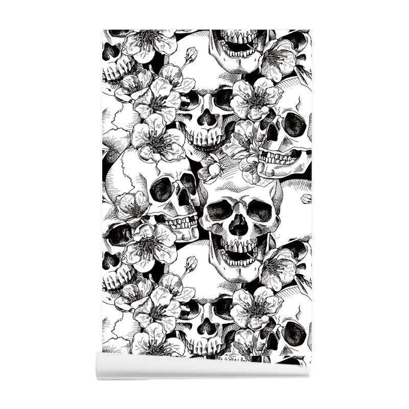 Friendly Skull and Floral Wallpaper Stickers, Decorative Bedroom Wallpaper for Accent Walls, Waterproof Vinyl Contact Paper for Gothic Interior Wall Renovation, Easy to Apply Stylish Skull Wall Decor, Decoration