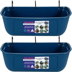 Large Feed Trough, Hanging or Screw-in Fence Feeder with Clips, 2 Pack 9 Quart Goat Feeder Supplies,  Horse Hog Pig Livestock Poultry Plastic Feeder Trough Bucket for Large , Blue