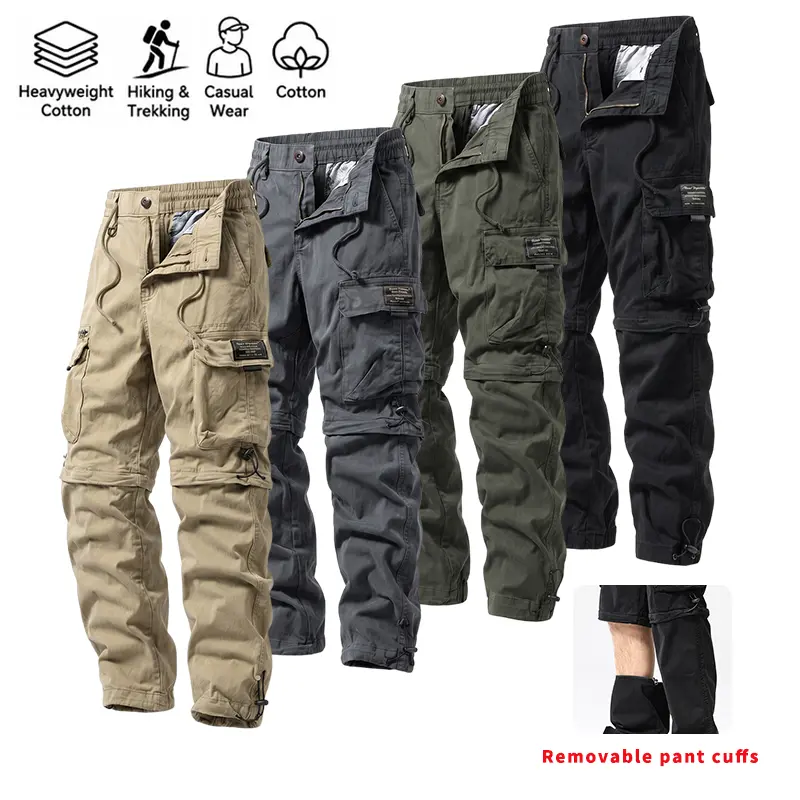 Outdoor 2-in-1 multifunctional tactical cargo pants with multiple pockets; one pair of pants that can be worn two ways—zip closure with detachable legs for switching between long and short styles; made from durable, wear-resistant cotton fabric.