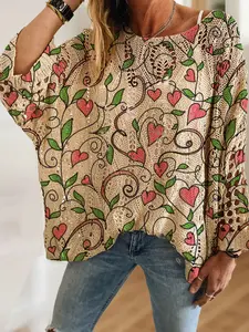 Women's Heart Plant Print Long Sleeve Knit Hollow Out Top, Casual Elegant Vacation Style Sweater, Valentine's Day Knitwear, Loose Batwing Shoulder Design, Hollow Out Pullover