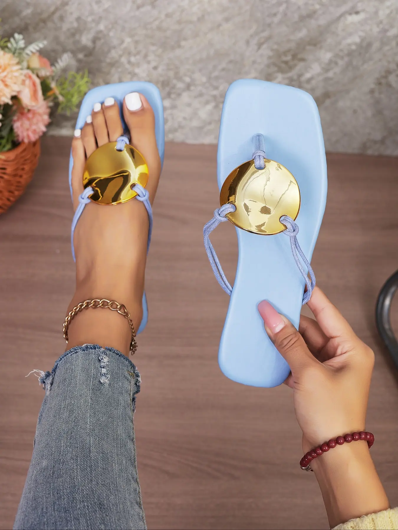 Women's Fashion Metal Buckle Decorated Square Toe Chunky Heel Sandals, Flip Flops, PU Leather Slides, Modern Casual Style, Perfect for Daily Wear, Outdoor Walking, Parties