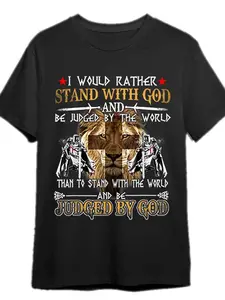 Men's Christian Knight Templar Graphic T-Shirt - Lion & Cross Design, Bold "I'd Rather Be Judged By God" Statement, Short Sleeve, Casual Round Neck, Machine Washable Black Menswear for School, Office Uniform Use
