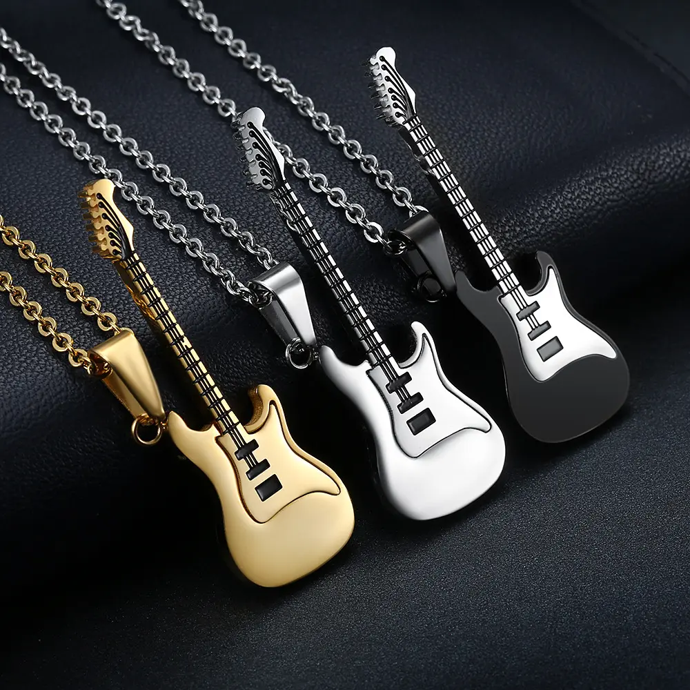 Geometric Guitar Pendant Necklace in Stainless Steel, Hip-Hop Style for Music Enthusiasts, Daily Wear, Birthday Gift, Fashion Jewelry Accessories, Unisex