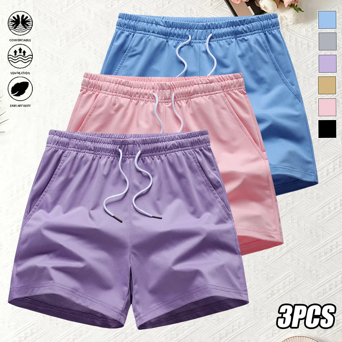 Women's Basic Activewear Shorts Set (3-Pack), Summer Solid-Color Sportswear Bottoms with Drawstring & Pockets, Athletic for Outdoor Activities & Gym Workouts, Mid Waist, Polyester, Outdoor Wear, 3Pcs, Casual, Normal Type, Short Length, Fashion