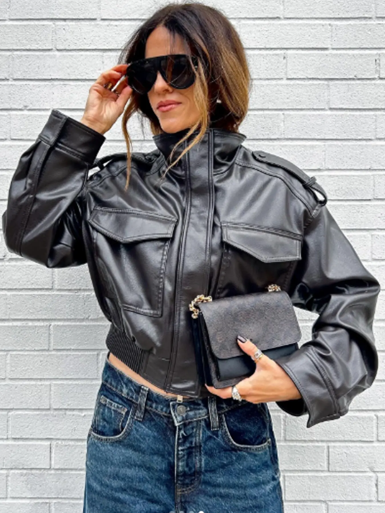 Faux Leather Jacket Outerwears Women's Cropped Bomber Jackets For Woman Street Casual Long Sleeve Green Black Jacket Zip Up News And Jackets High Neck Short Coat Ladies Womenswear Casual Chic Outerwear Casual Fashionable Outerwear