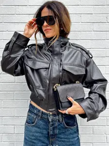 Faux Leather Jacket Outerwears Women's Cropped Bomber Jackets For Woman Street Casual Long Sleeve Green Black Jacket Zip Up News And Jackets High Neck Short Coat Ladies Womenswear