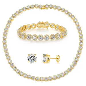 Gemsme Cubic Zirconia Tennis Necklace/Bracelet/Earrings Sets for Women Men Halo Jewelry Set