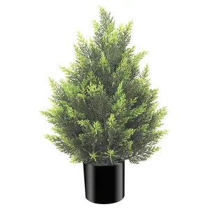 2FT Artificial Topiary Tree with Planter, Faux Cedar Pine Potted Plant, Lifelike Fake Shrub for Home Office Desk Shelf Indoor Outdoor Decor - No Maintenance