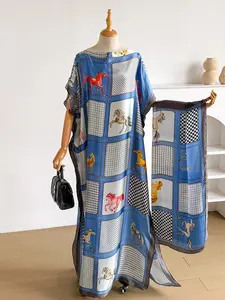Elegant Moo Moo Long Dress Animal Pattern Robe Shawl + Long Silk Scarf for Women, Beach Sun Protection, Beach Cover Up, Casual Style, All Seasons