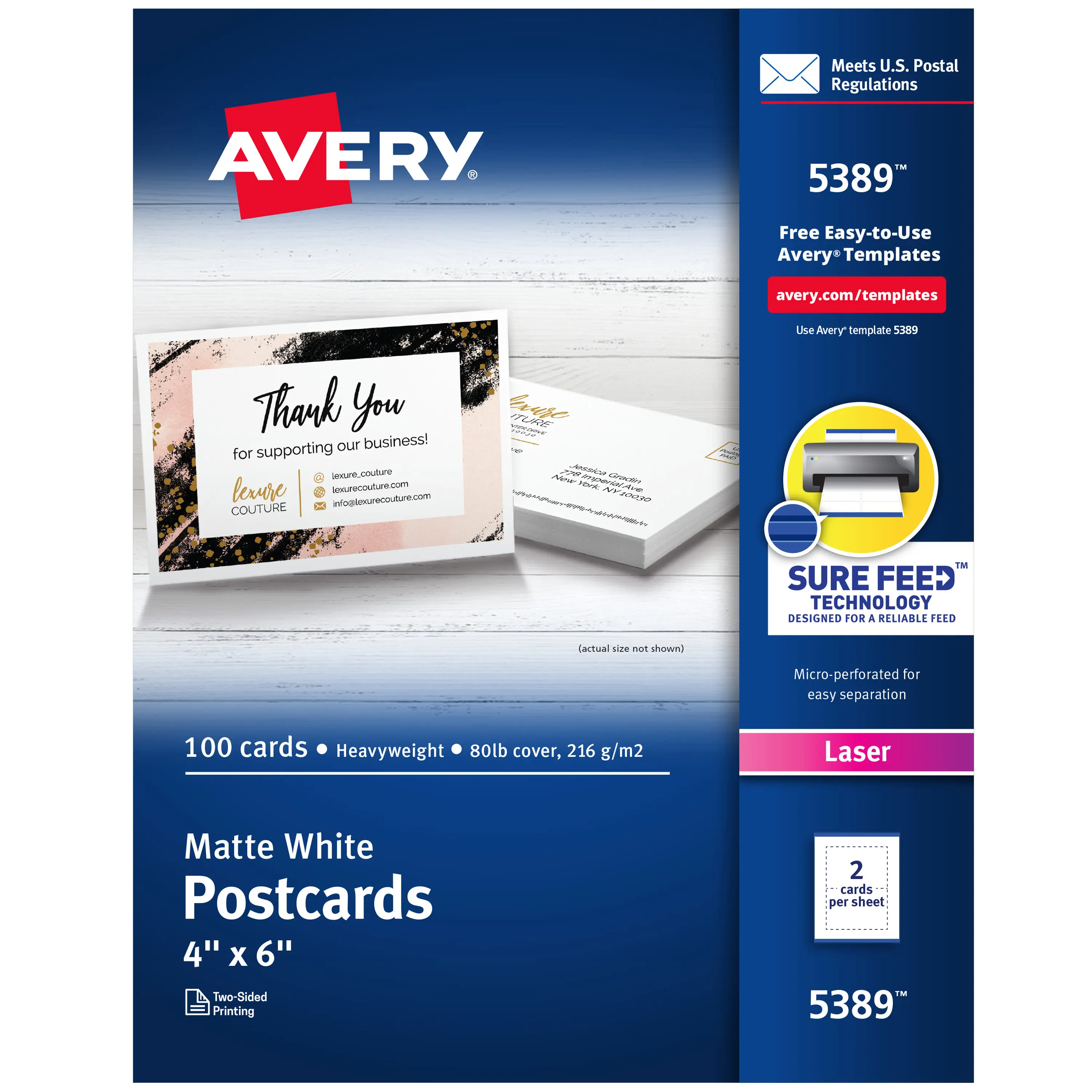 Avery Customizable Double-Sided Printable Postcards with Sure Feed Technology, 4"x6" White, 100 Blank Sheets for Laser Printers - Alignment Support, Crisp Ink Results, Office Collateral (5389)