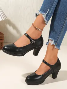 Women's Fashionable Classy Stylish Solid Color Mary Jane Pumps, Elegant Round Toe Chunky High Heel Rubber Shoes with Rubber Sole for Daily Wear, Lightweight Breathable Comfortable Shoes for Women & Girls Rounded Toe Shape