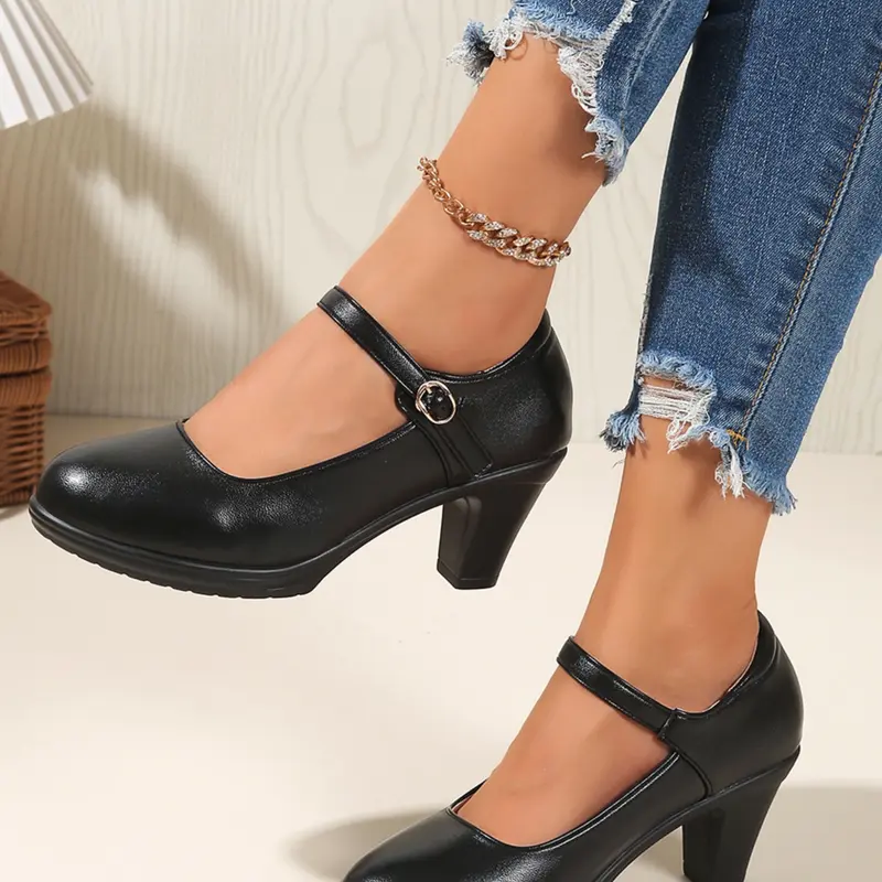 Women's Fashionable Classy Stylish Solid Color Mary Jane Style Pumps, Elegant Round Toe Korean Chunky High Heel Rubber Shoes with Rubber Sole for Daily Wear, Lightweight Breathable Comfortable Shoes for Women & Girls Rounded Toe Shape
