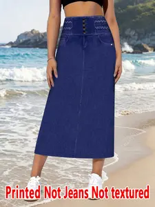 Women's Denim Print Long Skirt, High-Waisted Loose-Fit Basic Casual Skirt, All-Over Print, Natural Waist, Spring & Summer Fashion, Womenswear, Bottom