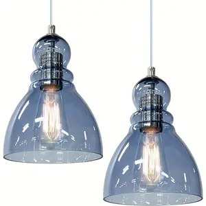2024 Blue Glass Pendant Lights for Kitchen Island: Modern Industrial Hanging Ceiling Light Fixture with 6.5'' Handblown Clear Glass Shade for Farmhouse Bedroom Dining Room Sink Bar 2 Packs