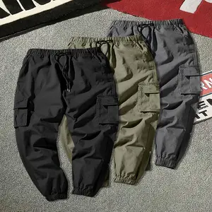 3 Pcs Men's Loose Drawstring Cargo Pants with Multi Pockets, Solid Joggers for Outdoor