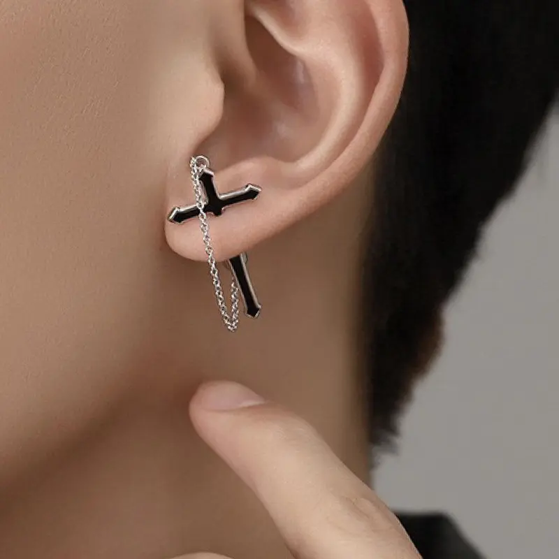 Punk Style Cross & Chain Design Earring Jacket, Cross Dangle Earring, Casual Trendy Earrings for Party, Daily Clothing Decor, Trendy All-match & Exquisite Jewelry for Birthday Gift