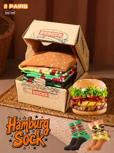 2 Pairs of Novelty Soft Burger Socks Gift Set for Men and Women, Colorful Mid-Calf Socks, Unique Food Design for Birthday Valentine or Everyday Use