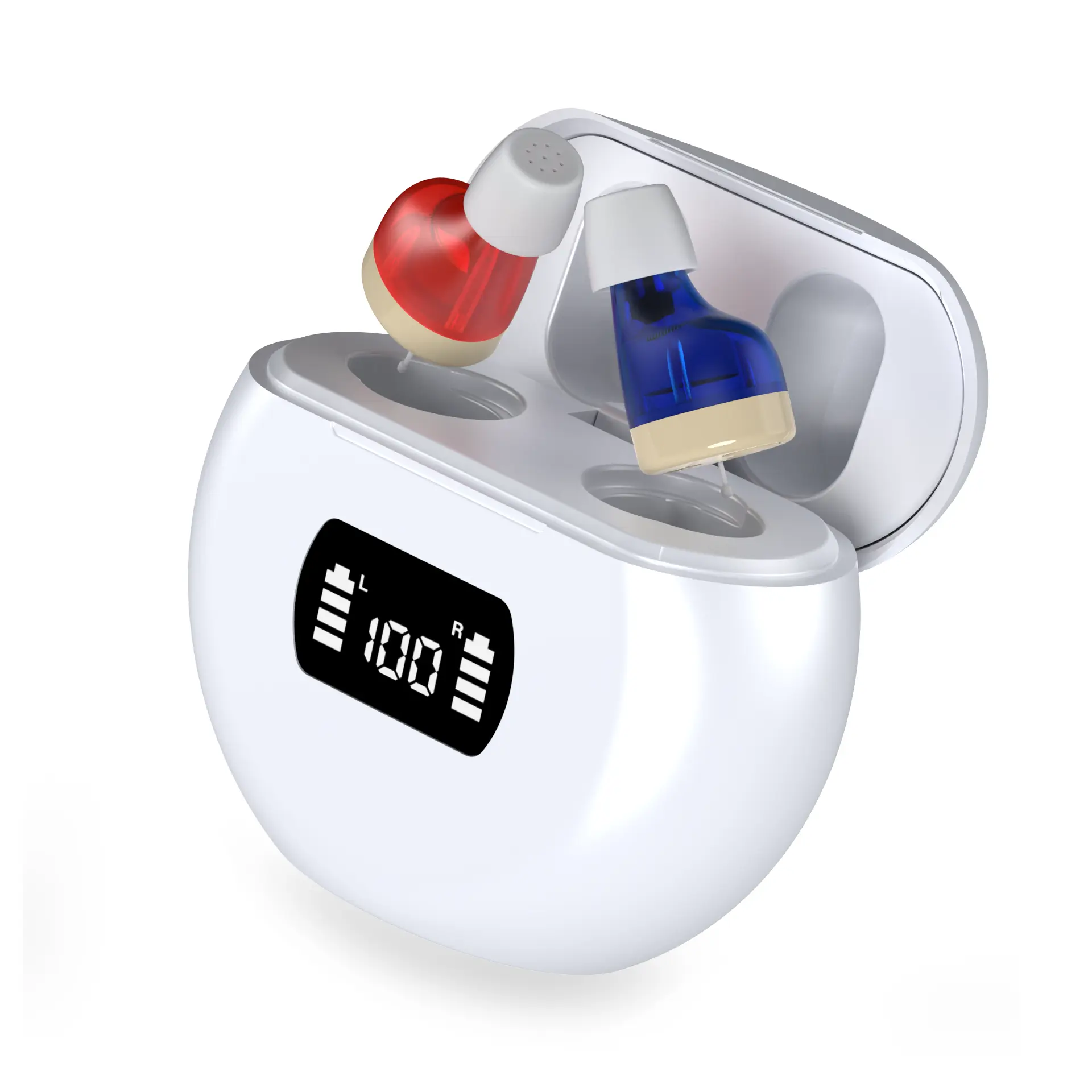 A pair of elderly people use rechargeable hearing aids, adult in-ear noise-reducing hearing aids, digital hearing amplifiers, suitable for hearing loss, 18 milliampere-hour invisible hearing device, with a charging case attached.
