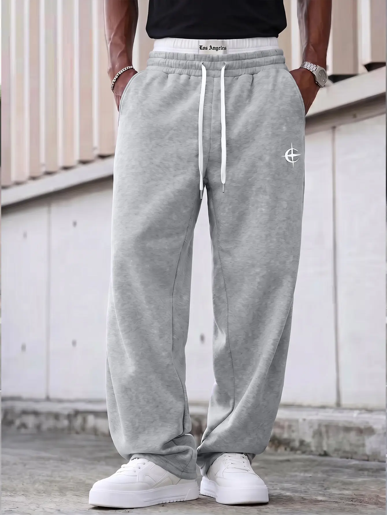 URMCZ Men's Double Waistband Baggy Wide Leg Sweatpants - 100% Poly Streetwear Outfits Drawstring Pants with Side Stripe, Stretch Chino Bottoms, Soft Moisture-Wicking All Seasons Casual Lounge Trouser, Baggy Sweatpants, Oversized, Plain