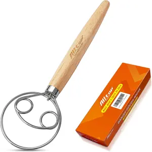 Danish Dough Whisk -  Dutch Mixer Hand Utensil with Stainless Steel Dough Hook - Essential Sourdough Stirring Stick for  Bread Making Tool