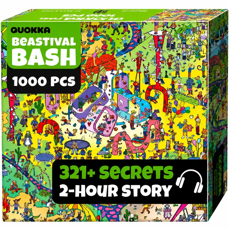 QUOKKA 1000-Piece Rectangular Advanced Cardboard Puzzle Game for 15+ Years, Vibrant Art Animal Bash Scene, 2 Secret Envelopes with Bonus Tasks, 2-Hour Immersive Audio Story, Hidden Secrets, Detail Skill Boost, Festival Toy, Indoor Fun, Observation