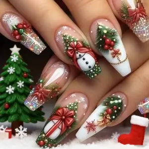 Christmas Press on Nails, Red Gift Snowman Painted Pattern Butterfly Knot Pinecone Christmas Tree Nail Flakes Fake Nails