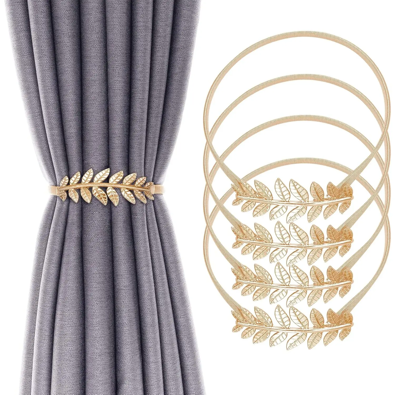 4 Pack Curtain Tiebacks Aluminum Alloy Spring Design Curtain Holdback Leaf Carving Design Curtain Ties for Drapes Curtain Ties Backs Curtain Modern Style Curtain Holdback Decor (Gold Leaf)