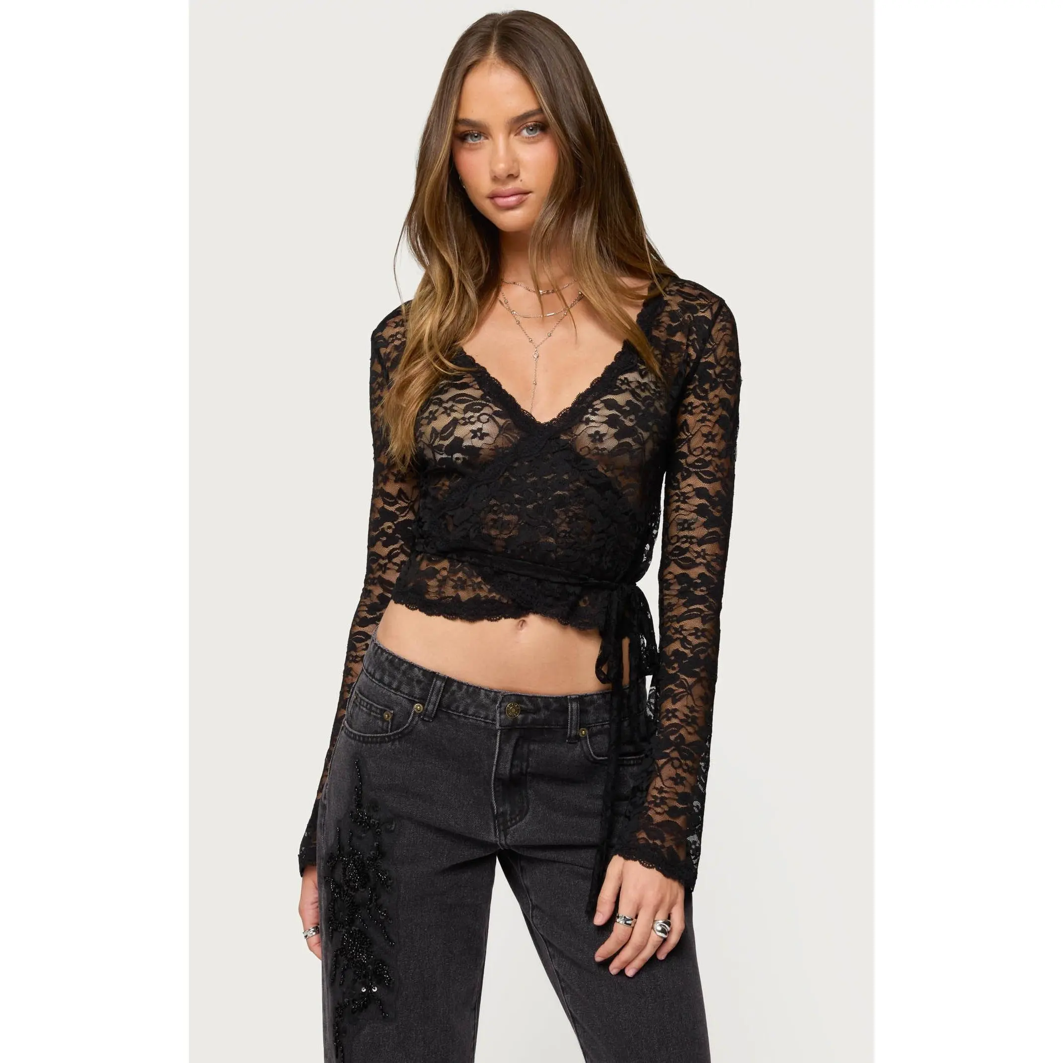 Edikted Women's Medora Sheer Lace Wrap Top