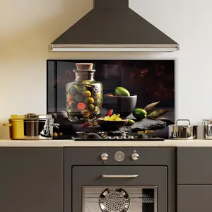 GCKG Assorted olives in a glass jar with olive oil on a dark background Tempered Glass Kitchen Backsplash, Stove Back Cover, Stove Splashback, Cutting Board, Kitchen Wall Decor